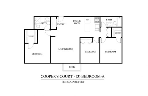 Floor plan for 3 beds, 2 baths, 1175 sqft
